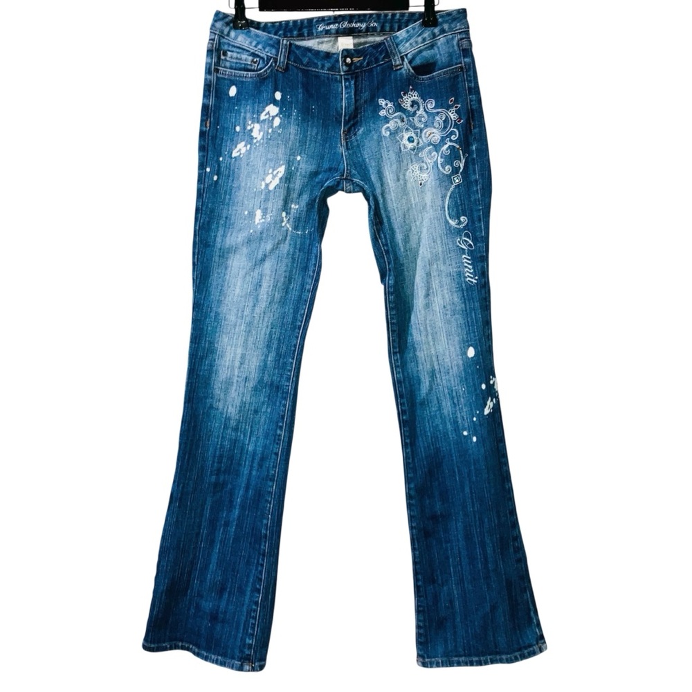 G UNIT Womens Jeans Thrashed Bleach Stains Embroidered Rhinestones Flare Leg Y2K - Picture 4 of 7